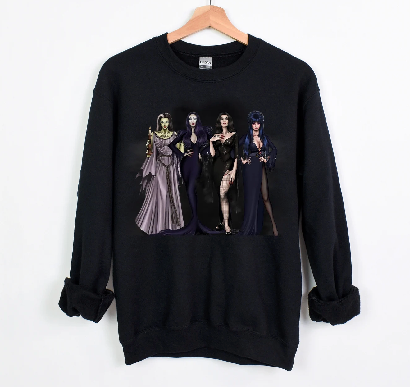 Halloween Crew Neck Hoodies, Cute Ladies Spooky T-shirt, Lady Villains, Morticia Adams, Lily Munster, Elvira, Spooky Ladies Shirts,