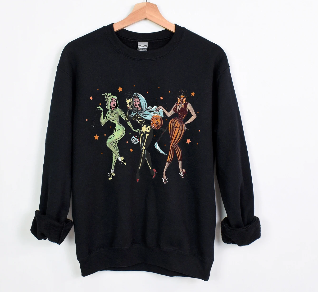 Trick or Treat, halloween ladies , vintage girls, halloween crew neck sweatshirt, long sleeve sweat shirt, pumpkins and costumes