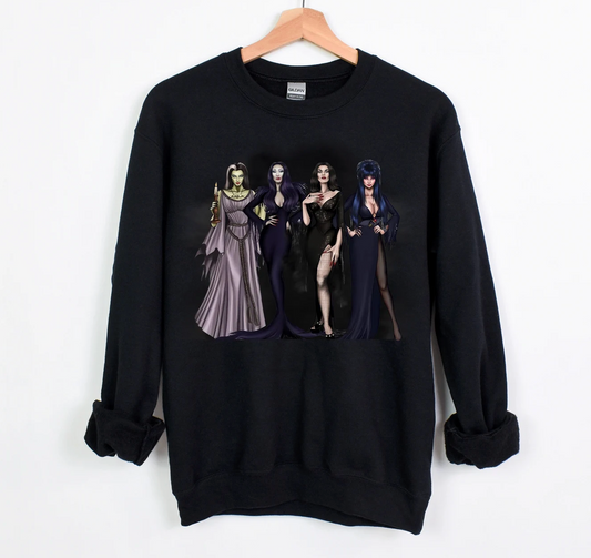 Halloween Crew Neck Hoodies, Cute Ladies Spooky T-shirt, Lady Villains, Morticia Adams, Lily Munster, Elvira, Spooky Ladies Shirts,