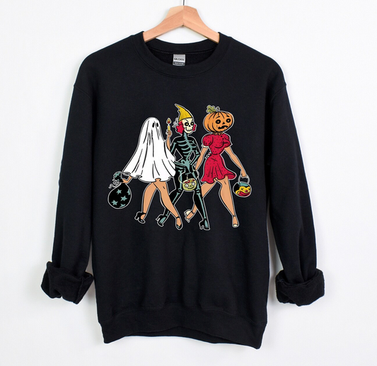 Halloween Crew Neck Hoodies, tricky ladies, spooky crew neck, Halloween ladies , trick or treaters , pumpkin hoodies, Halloween party