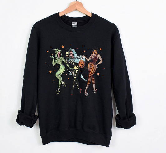 Trick or Treat, halloween ladies , vintage girls, halloween crew neck sweatshirt, long sleeve sweat shirt, pumpkins and costumes